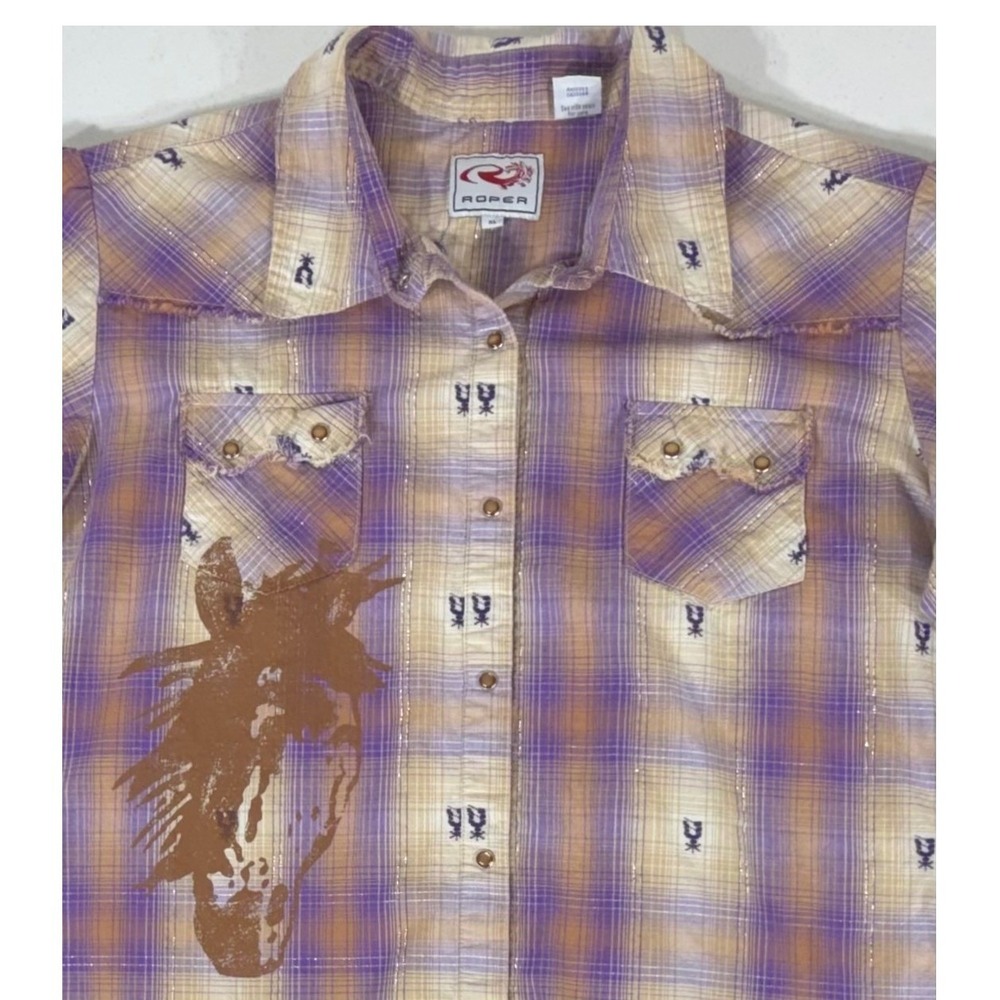 Roper Western Pearl Snap Shirt XL Purple Plaid Metallic Horse Horseshoe Rodeo